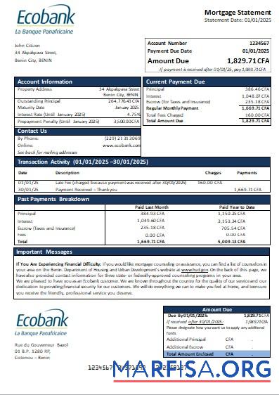 Printable Benin Ecobank bank mortgage statement scr example
